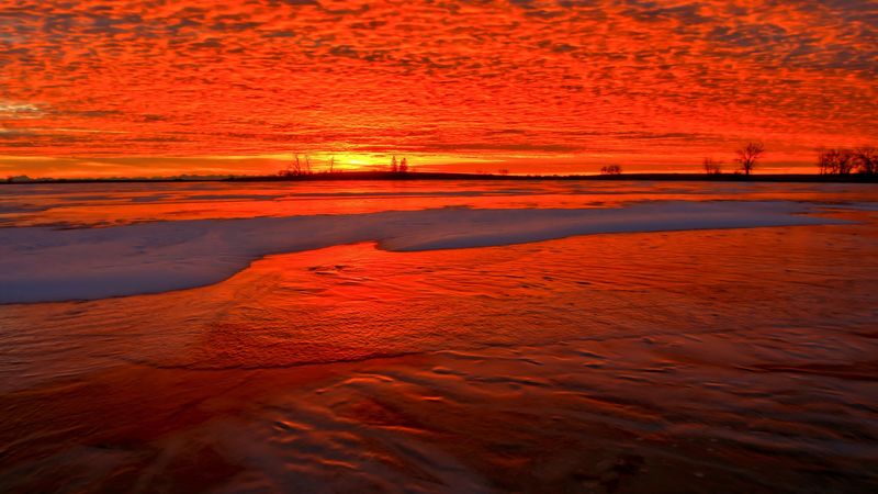sunset, shore, snow, horizon, fiery, 4k
