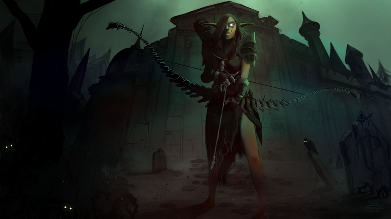 Sylvanas Windrunner, fantasy art, World of Warcraft, Warcraft, dark, Blizzard Entertainment, bow and arrow, armor, cemetery, digital, dark fantasy