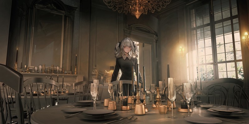 anime girls, original characters, white hair, pigtails, red eyes, looking at viewer, smiling, dress, black dress, drinking glass, candles, cutlery, table, chair, chandeliers, artwork, drawing, 3D, digital art, _LM7_, Pixiv, silverware