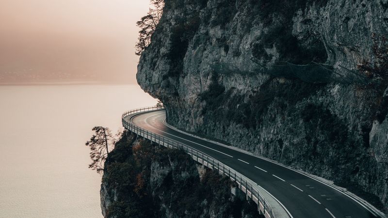 rock, road, cliff, sea, sunset, 4k