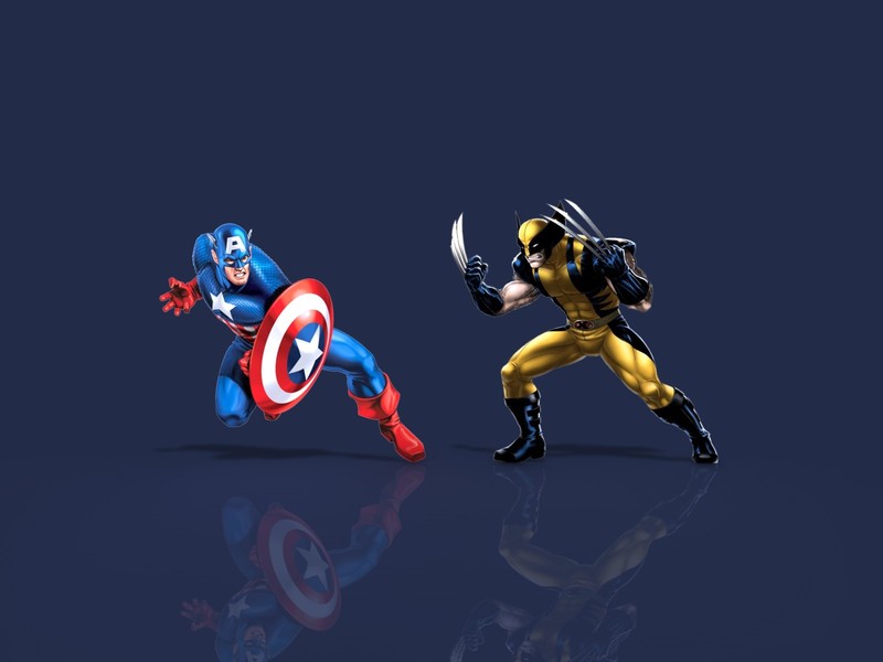 Captain America, Wolverine, Marvel Comics, shield, claws, reflection