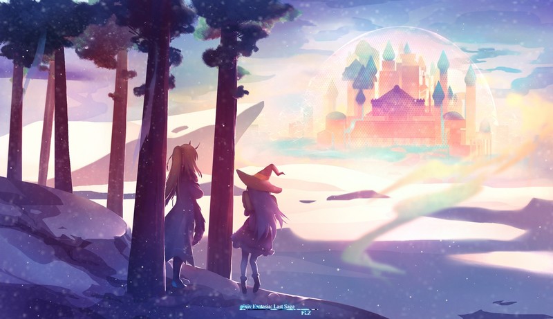 anime, anime girls, artwork, digital, digital art, fantasy art, Pixiv Fantasia, landscape, trees, city, silhouette, women, drawing, digital painting