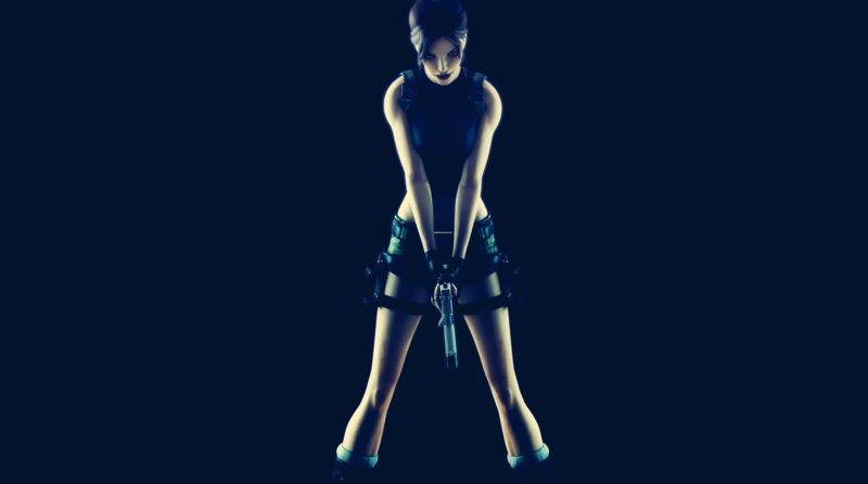 Lara, Lara Croft, tomb, Tomb Raider, Tomb Raider VI: The Angel of Darkness, pistol, gun, shorts, women, dark, black, blue, white, dark eyes