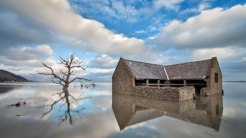 nature, landscape, water, abandoned, house, dead trees, horizon, reflection, clouds, hills