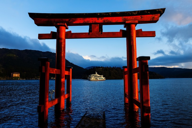 nature, landscape, water, Asia, torii, Japan, lake, ship, hills, trees, forest, clouds, yacht