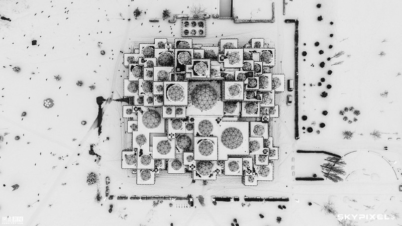 monochrome, abstract, aerial view, architecture, building, top view, winter, snow, trees, sphere, modern, square, drone photo, rooftops, white