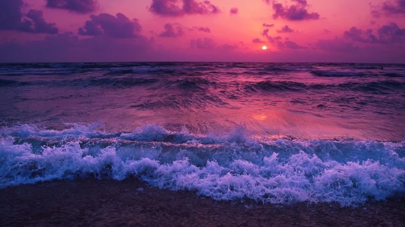 sea, sunset, horizon, surf, foam, clouds, 4k