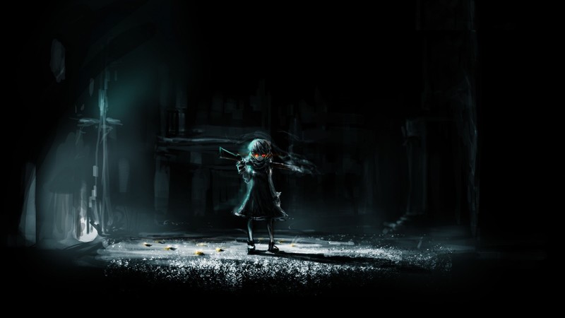 My Eyes On You, Girl With Weapon, anime girls, spooky, glowing eyes, red eyes, dark, anime, cyan