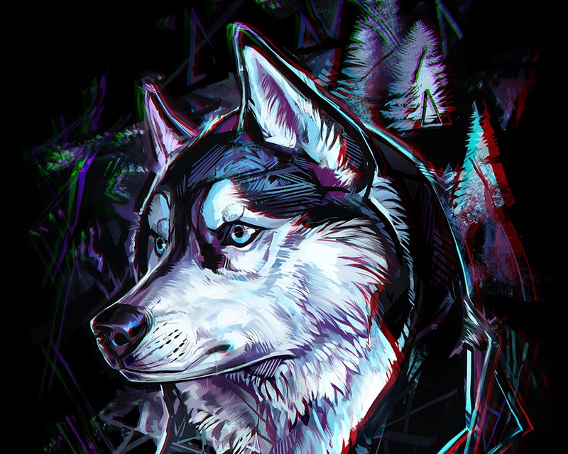 digital, digital art, artwork, wolf, dark, animals, drawing, digital painting, Siberian Husky, abstract, dog, portrait