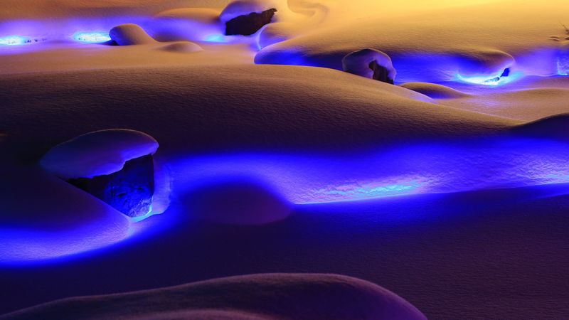 snow, neon, lights, drifts, winter, 4k