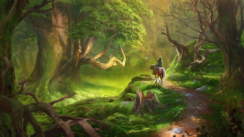 Link, forest, painting, artwork, video game art, The Legend of Zelda, navi, trees, green