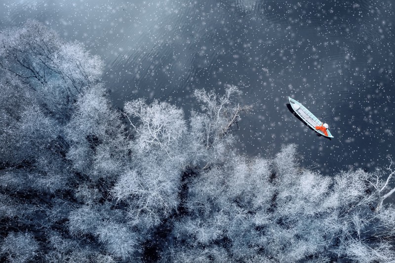 aerial view, nature, winter, snow, water, boat, snowing