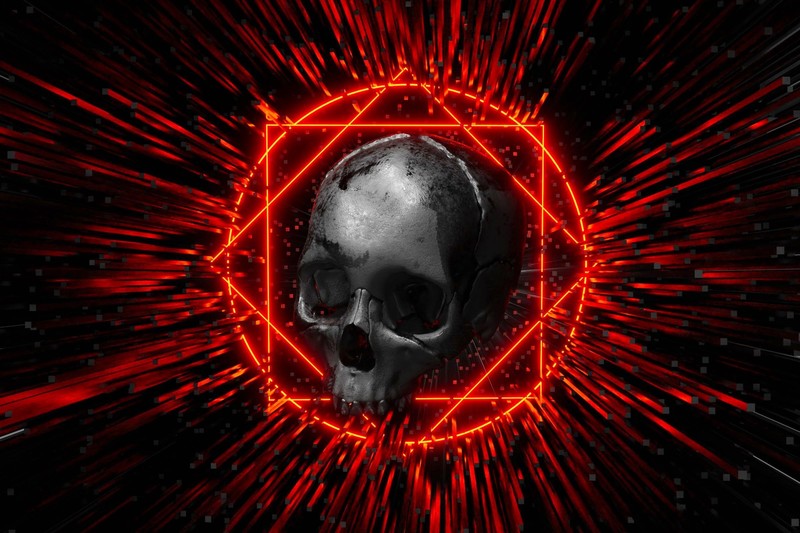 digital, skull, red, lines