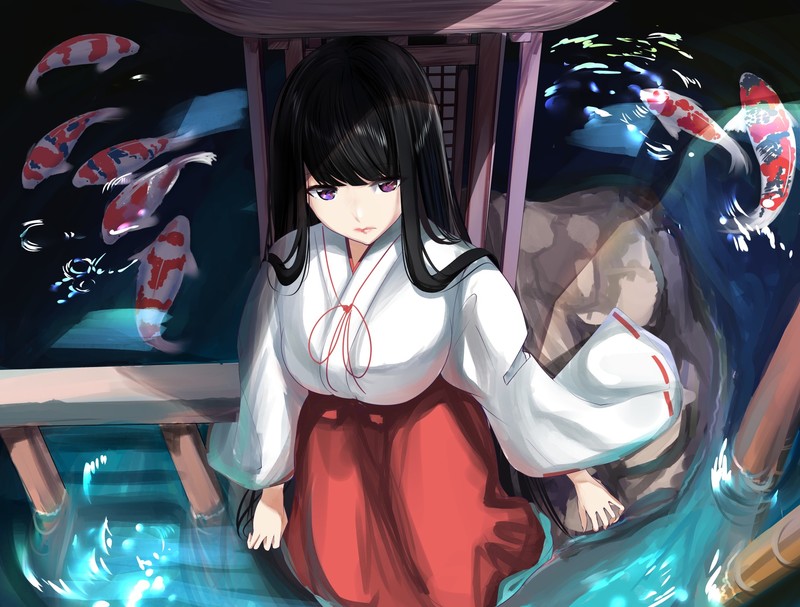 anime girls, original characters, black hair, long hair, bangs, looking away, miko, fish, koi, top view, artwork, drawing, illustration, 2D, digital art, anime, Pixiv