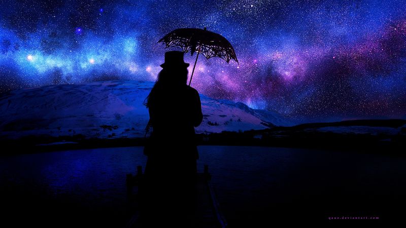 silhouette, umbrella, starry sky, space, 4k