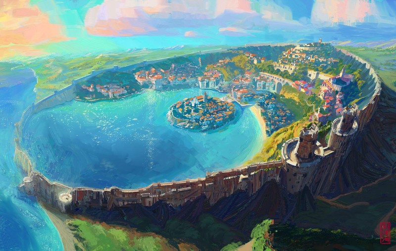 fantasy architecture, fantasy art, fantasy city, concept art, city, cityscape, Ze Hai Liu, XorVeil, Sao Lous