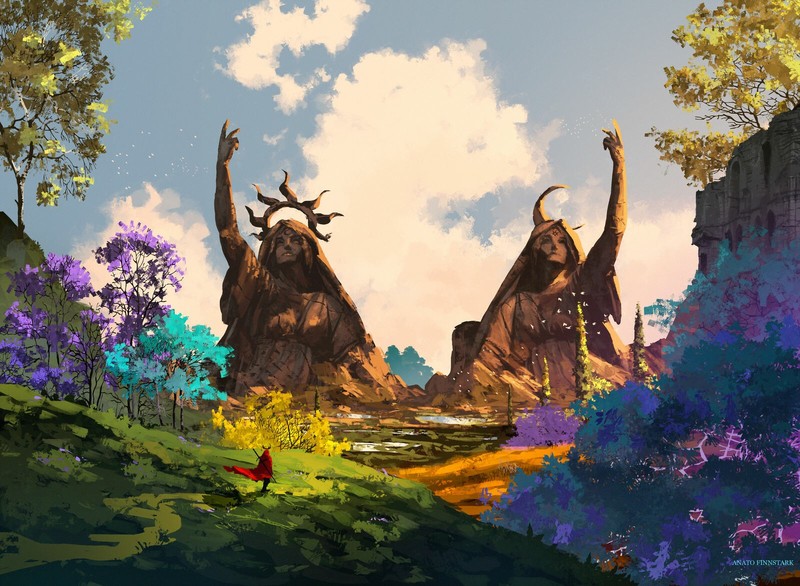 Anato Finnstark, concept art, nature, women, cloaks, statue, couple, trees, water, abandoned