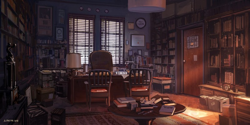 Andreas Rocha, room, books, chair, table, carpet, door, window, book shelf, clocks, boxes