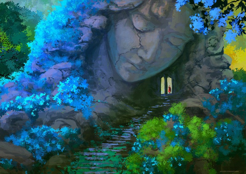 Anato Finnstark, concept art, nature, women, cloaks, statue, face, stairs, flowers, leaves, trees, abandoned