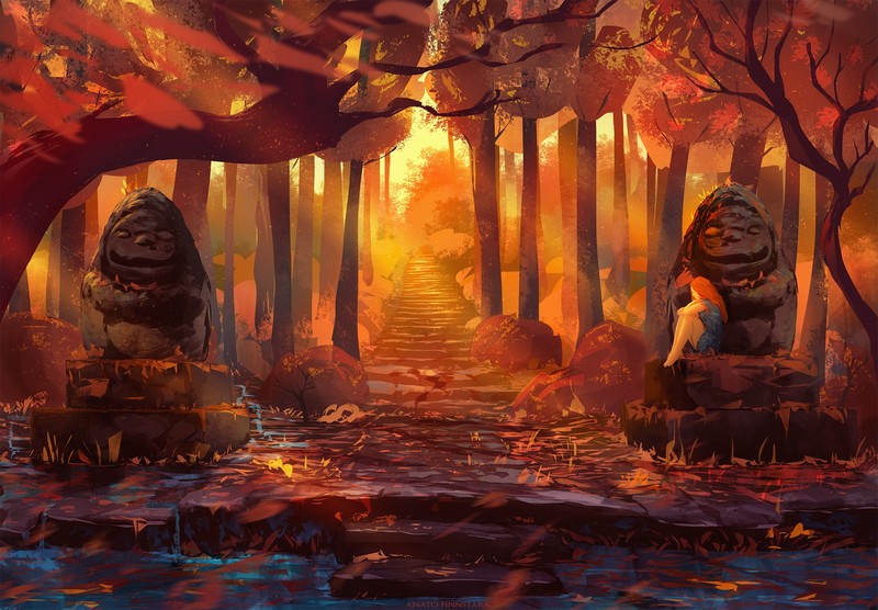 Anato Finnstark, concept art, nature, forest, fall, trees, women, redhead, statue, leaves, stairs, sunlight, evening, abandoned, orange