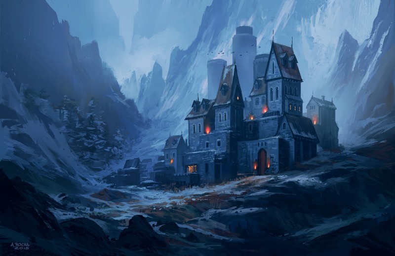 Andreas Rocha, nature, castle, house, mountains, winter, torches, snow