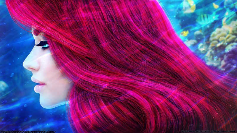 digital, digital art, artwork, water, blue eyes, hair, long hair, Disney, Disney Pixar, Walt Disney, women, The Little Mermaid, movies, digital painting, movie characters, Disney princesses, profile