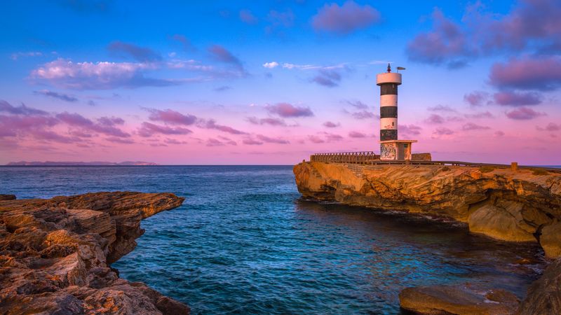 lighthouse, bay, sea, rocks, sunrise, spain, 4k