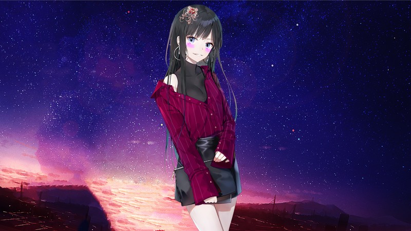 anime, anime girls, sky, dark hair, stars