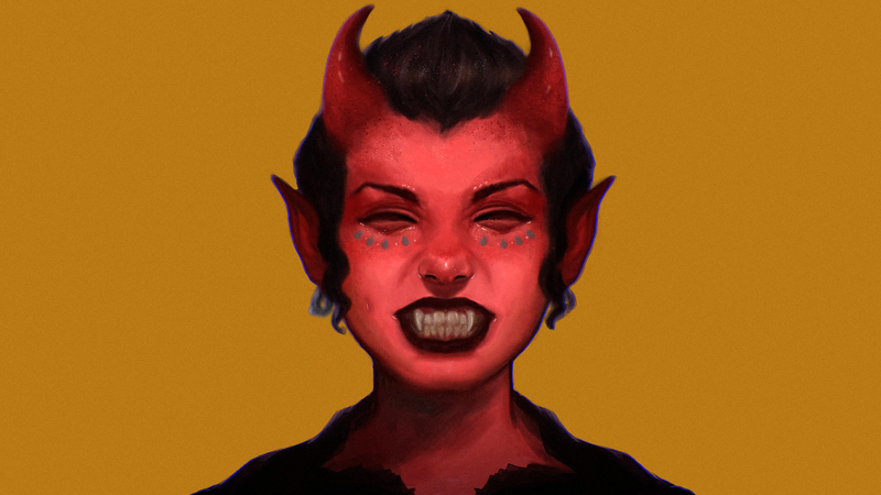 Morgyuk, devil girl, yellow background, digital art, artwork, face