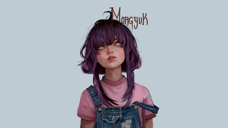 Morgyuk, anime girls, simple background, purple hair, white eyes