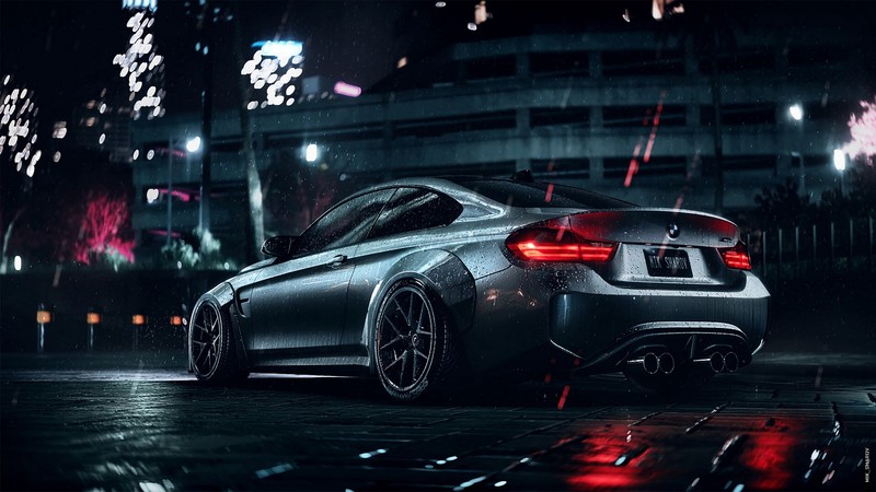 Need for Speed, video game art, video games, game art, night, lights, rain, city, city lights, architecture, urban, modern, car, sports car, vehicle, silver cars, BMW, sports, coupe, gray, gray cars, wet, environment, reflection, Mikhail Sharov, BMW F80/F82/F83, low-angle