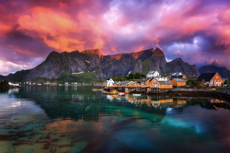 sky, clouds, colorful, water, village, Norway, sakrisøy, Lofoten