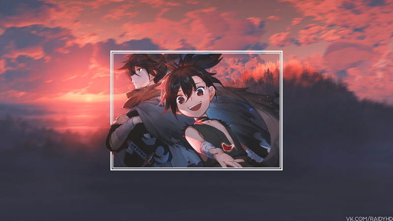 anime, anime girls, picture-in-picture, sunset, forest