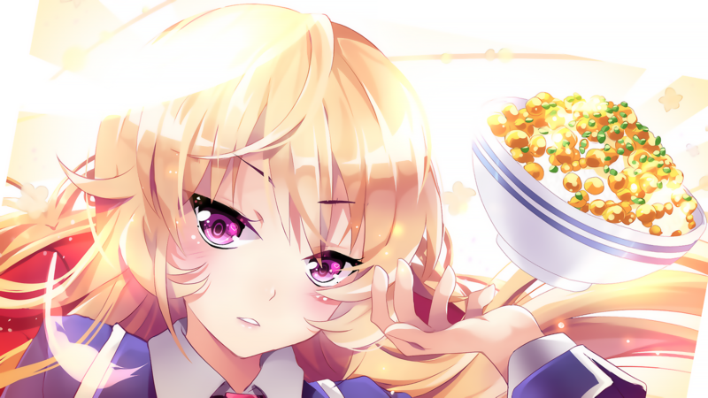 anime, anime girls, blonde, food, purple eyes, face