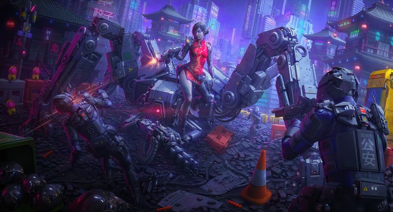 futuristic, science fiction, women, cyborg, soldier, Exoskeleton, battle, mech, robot, weapon, submachine gun, environment, Asian architecture, building, city, Cheongsam, concept art, artwork, digital art, 3D, CGI, Tek Tan