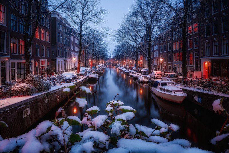 canal, Amsterdam, cityscape, Netherlands, winter, snow