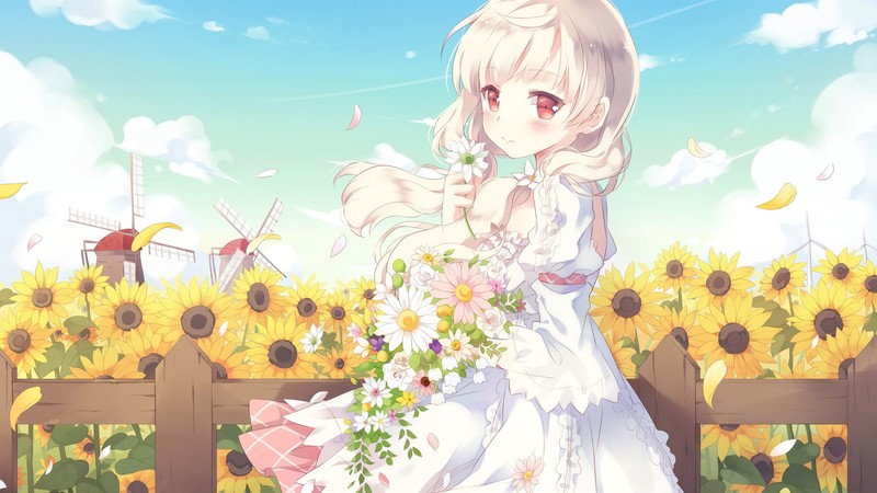 anime girls, anime, blonde, flowers, sunflowers, sky, windmill, plants, red eyes