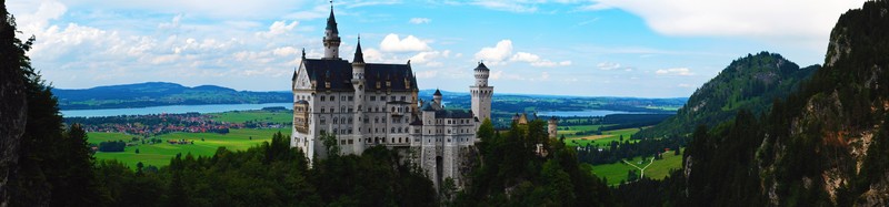 Neuschwanstein Castle, Germany, castle, architecture, building, landscape, ultra-wide, panorama