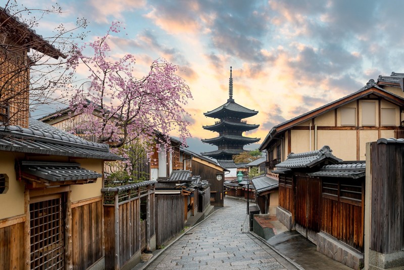 Kyoto, Japan, architecture, cherry blossom, town, Asian architecture, building, pagoda, street