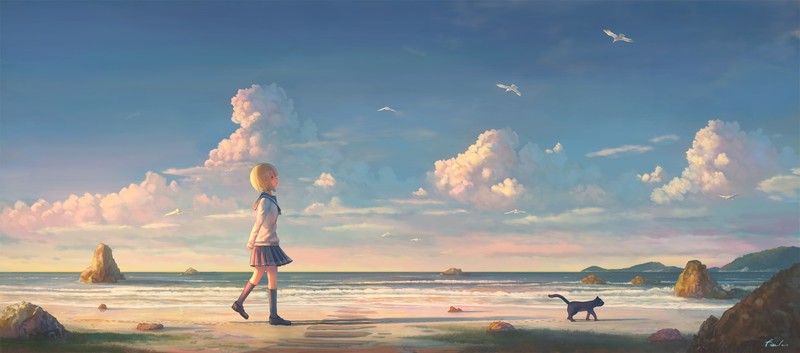 anime, anime girls, anime sky, landscape, cats, clouds, sky, skyscape, women, school uniform, schoolgirl, artwork, water, sea, beach, sand, blonde, rocks, walking, looking up, short hair, outdoors, women outdoors, horizon