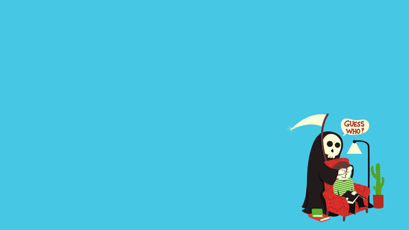 humor, simple, Grim Reaper, blue background, simple background, minimalism, cyan, cyan background, cactus, skull