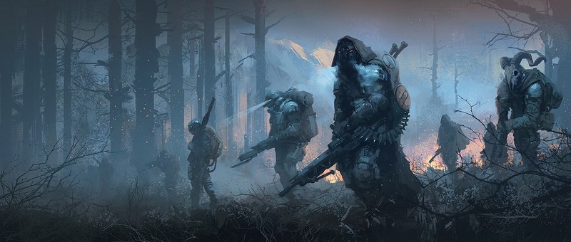 futuristic, soldier, armor, weapon, military, apocalyptic, science fiction, concept art, environment, forest, trees, artwork, digital art, drawing, Joakim Ericsson, fire, burning
