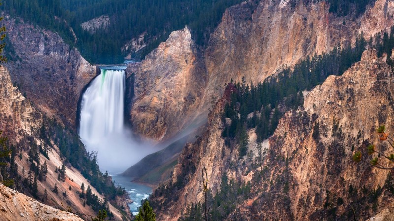 nature, landscape, waterfall, mountains, trees, forest, valley, Yellowstone National Park, USA