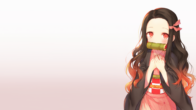 Kamado Nezuko, Kimetsu no Yaiba, anime, manga, anime girls, demon girls, brunette, long hair, looking at viewer, blushing, kimono, artwork, digital art, drawing, illustration, 2D, fan art, gagged