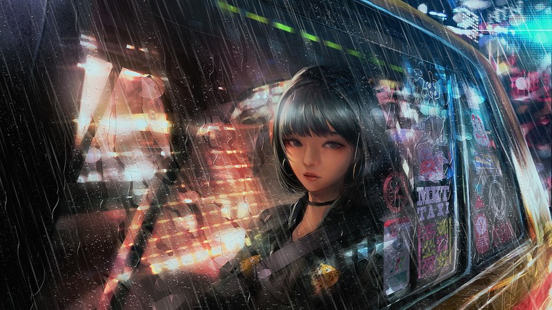 anime girls, original characters, black hair, bangs, necklace, jacket, inside a car, taxi, rain, night, city lights, water drops, hoop earrings, looking out window, artwork, digital art, drawing, lights
