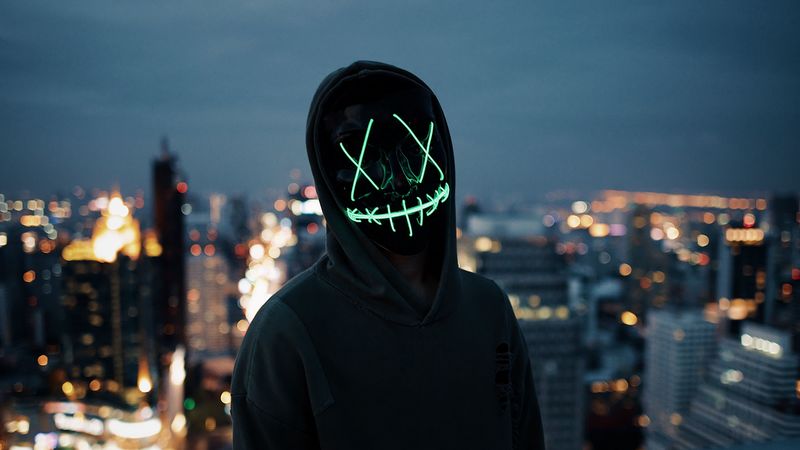 mask, silhouette, anonymous, hood, light, dark, 4k