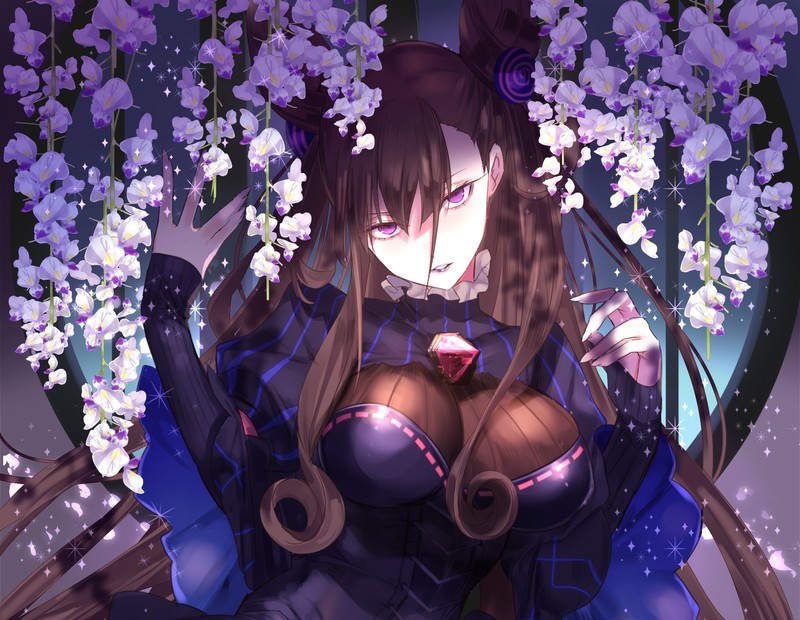 Fate/Grand Order, Murasaki Shikibu (Fate/Grand Order), dress, flowers, purple eyes