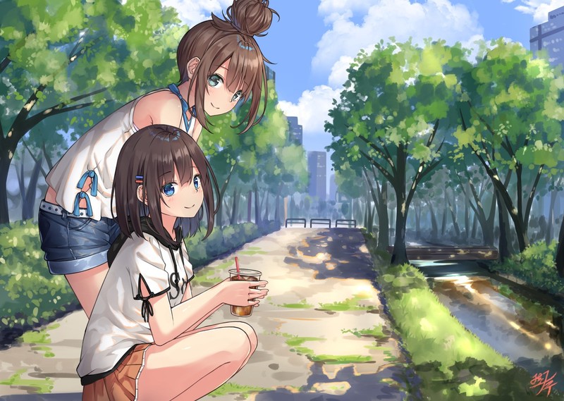 anime, anime girls, original characters, dark hair, blue eyes, sky, clouds