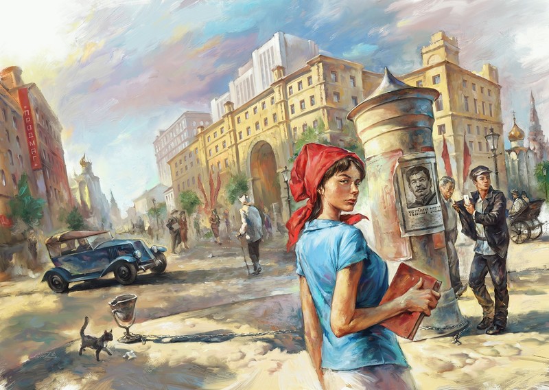painting, digital art, Eldar Zakirov, women, brunette, street, city, car, men, people, cats, blouse, skirt, jacket, plants, building, USSR, Joseph Stalin