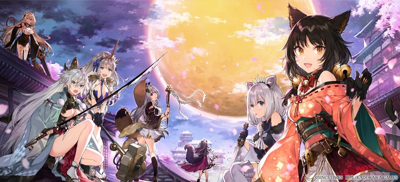 original characters, anime girls, animal ears, cat girl, tail, Moon, sky, weapon